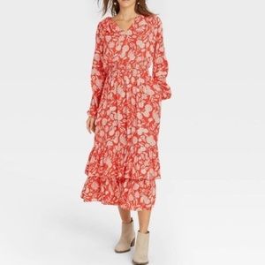 Universal Thread Coral red Floral Balloon Long Sleeve Ruffle Collar Midi Dress L